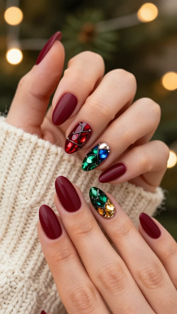 Matte burgundy nails with glossy light bulbs