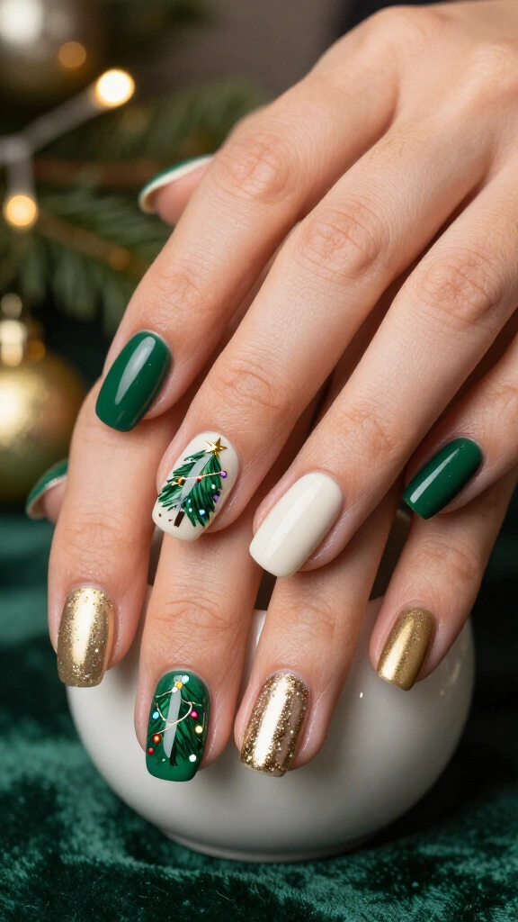 Christmas tree nails wrapped in colorful lights