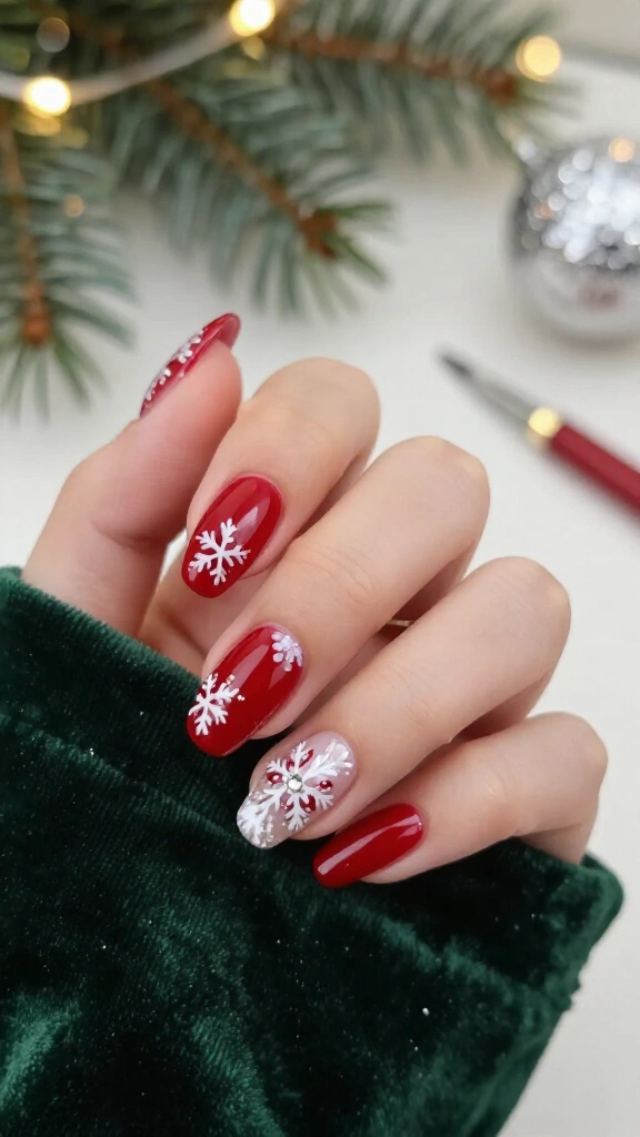 Snowflakes on rich scarlet