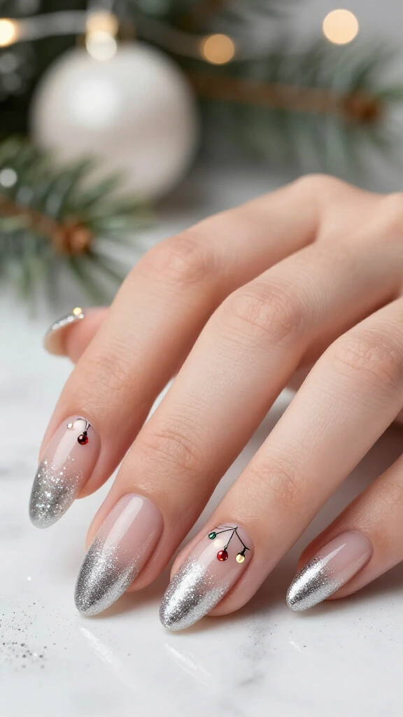 Glitter ombre nails with hanging holiday lights