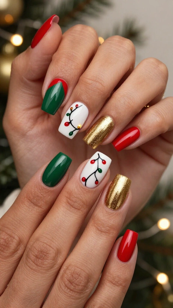 Color blocked Christmas light nails