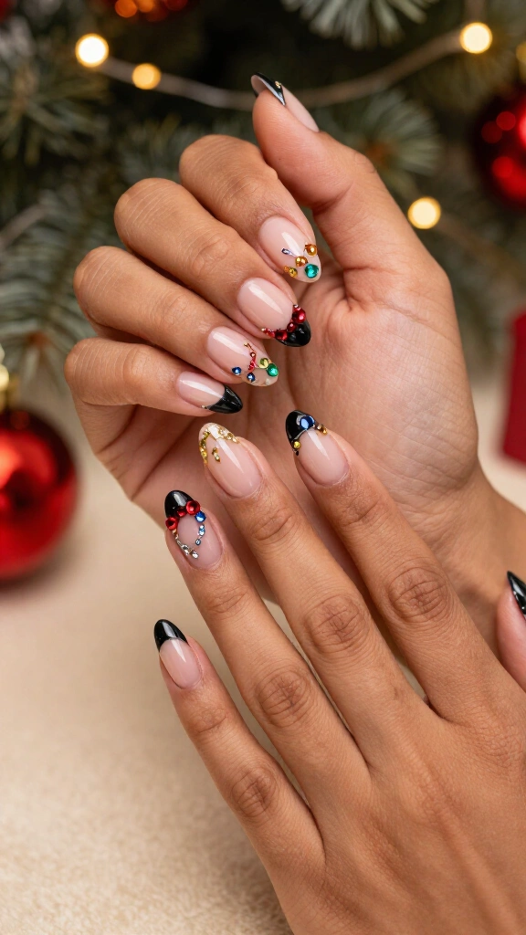 3D gem Christmas light nail design