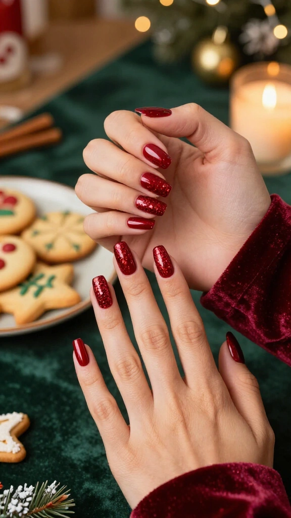 Classic red glitter coffin nails