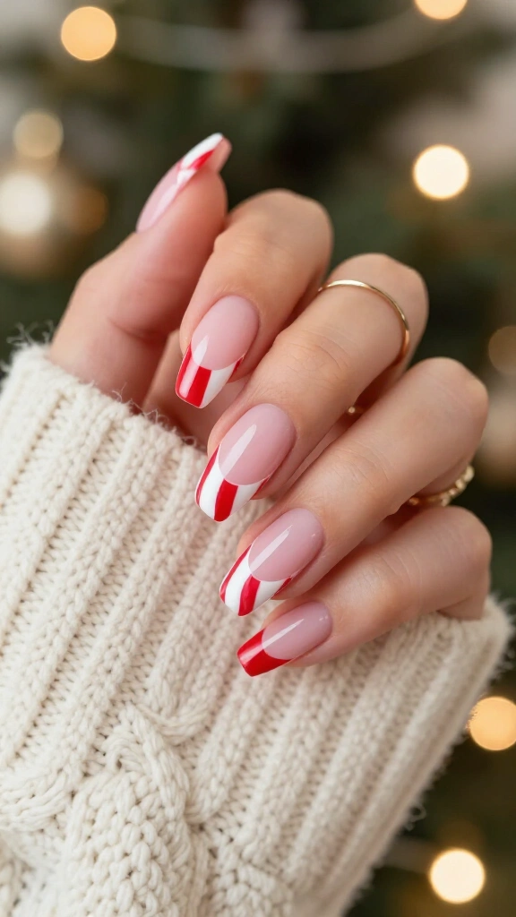 Candy cane French tip coffin nails