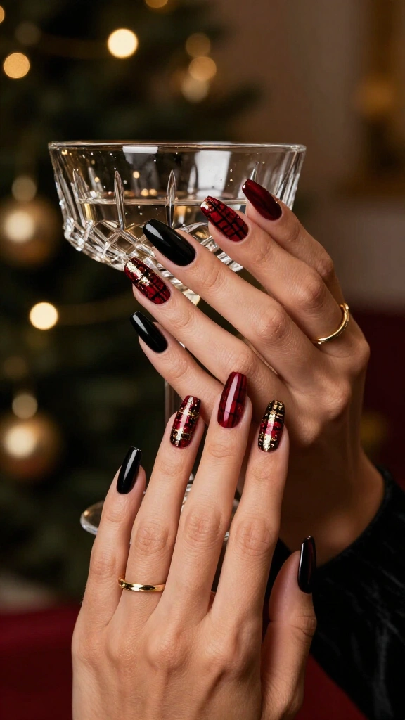 Black, red, and gold plaid coffin nails