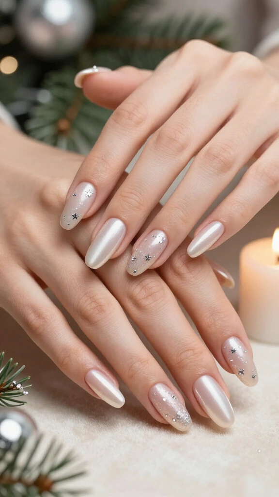 Frosted nude coffin nails with tiny stars