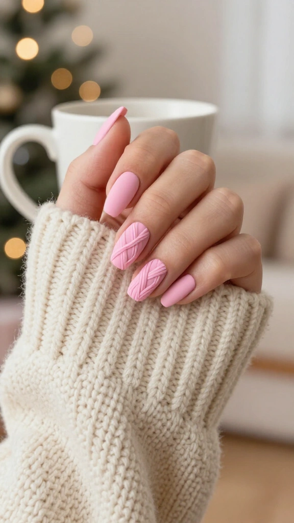 Cozy Pink Cable Knit Sweater Nails