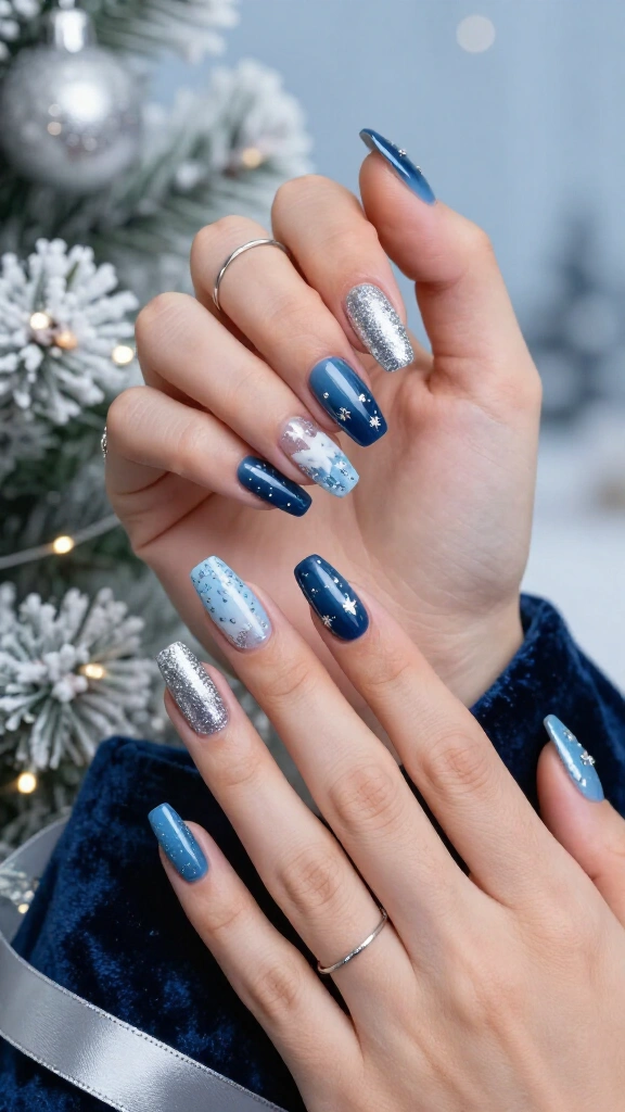 Silver glitter and icy blue coffin nails