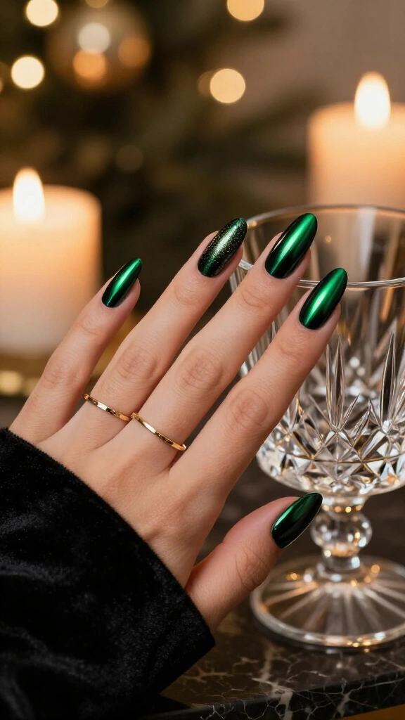 Dark green chrome coffin nails