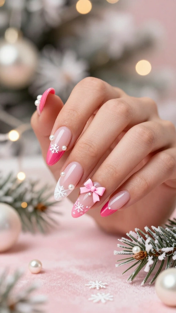 Pink Christmas bow coffin nails