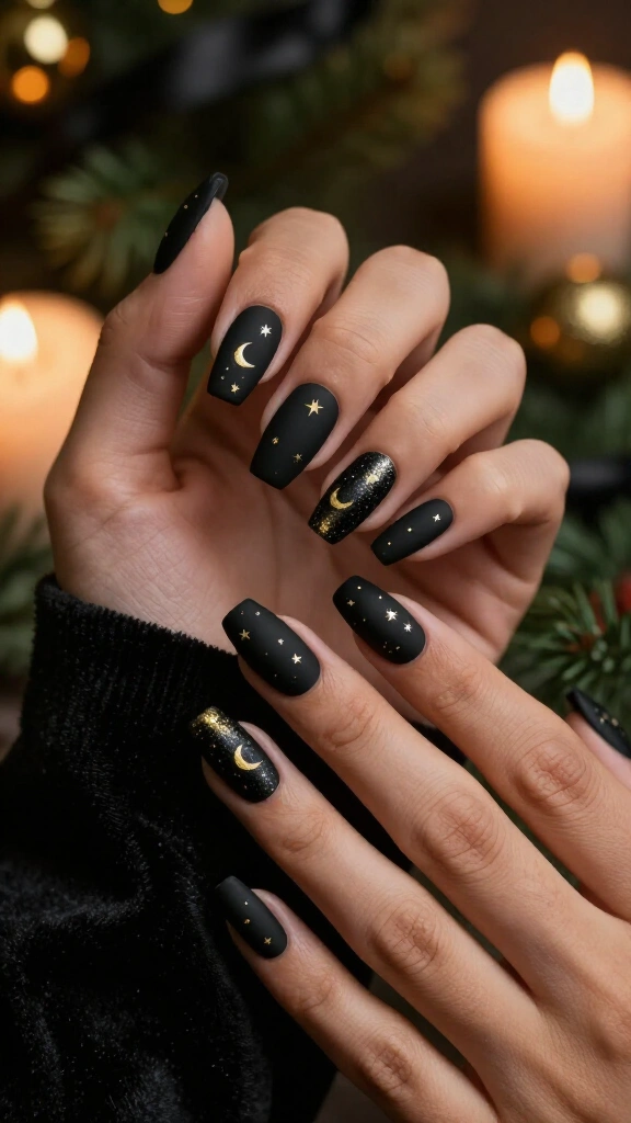Matte black coffin nails with gold stars