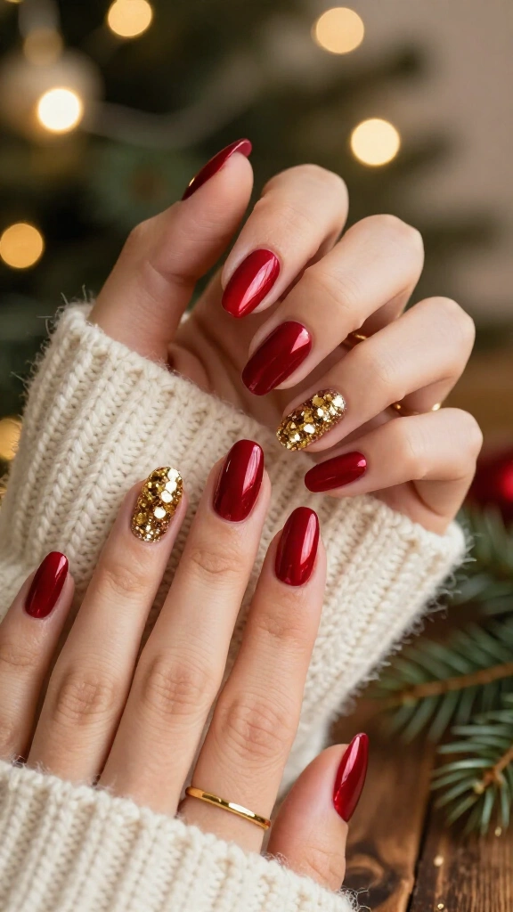 Red nails with gold glitter accent nails