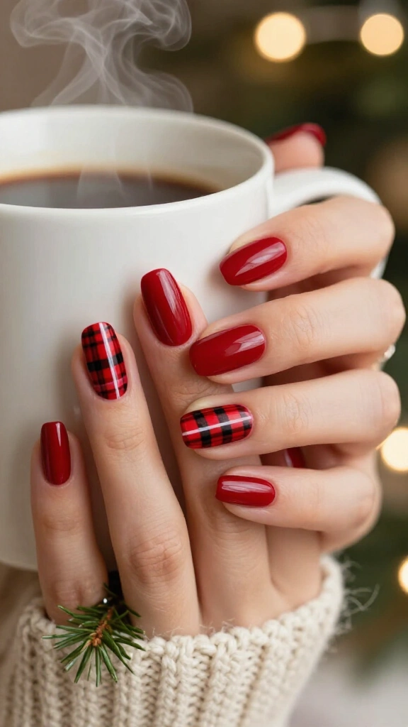 Red plaid Christmas nail art