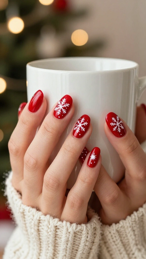 Red and white snowflake nails