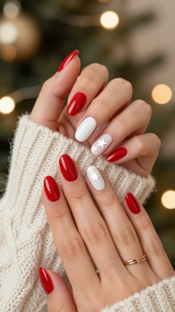Red nails with tiny white stars