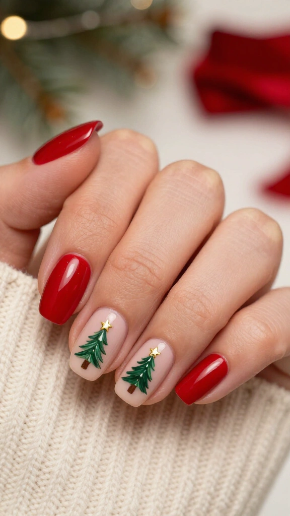 Red Christmas tree accent nails