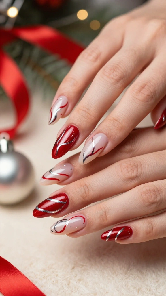 Red and silver holiday swirl nails