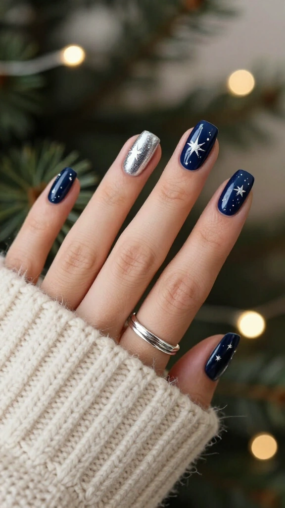 Midnight navy with silver celestial starbursts