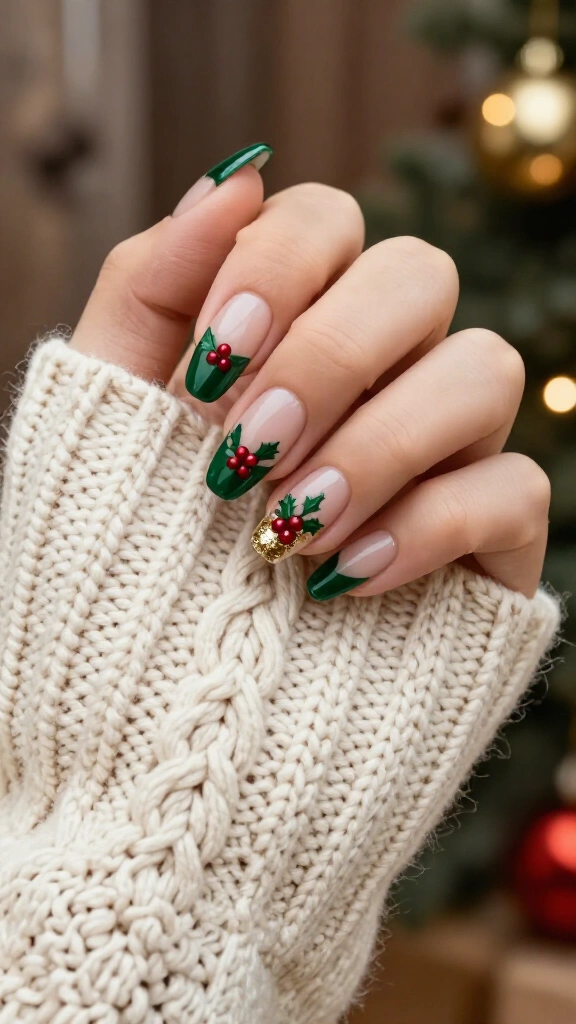 Velvety emerald French tips with holly clusters