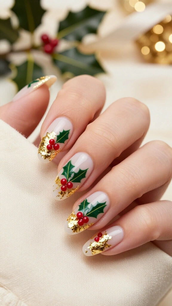 Milky white base with gold foil and holly