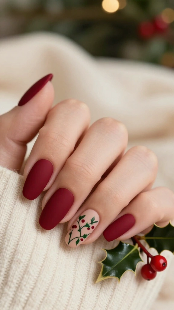 Matte cranberry accent nail with green ivy vines