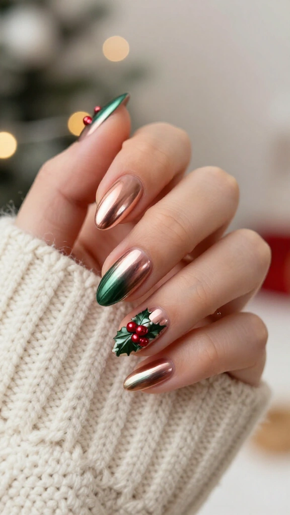 Rose gold chrome with dainty holly corner accents