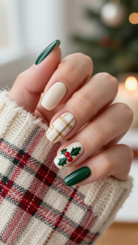 Plaid and tartan flannel with holly sprigs