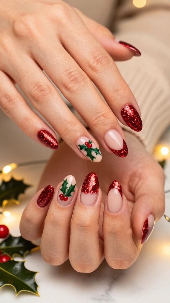 Classic red glitter French with winter berry leaves