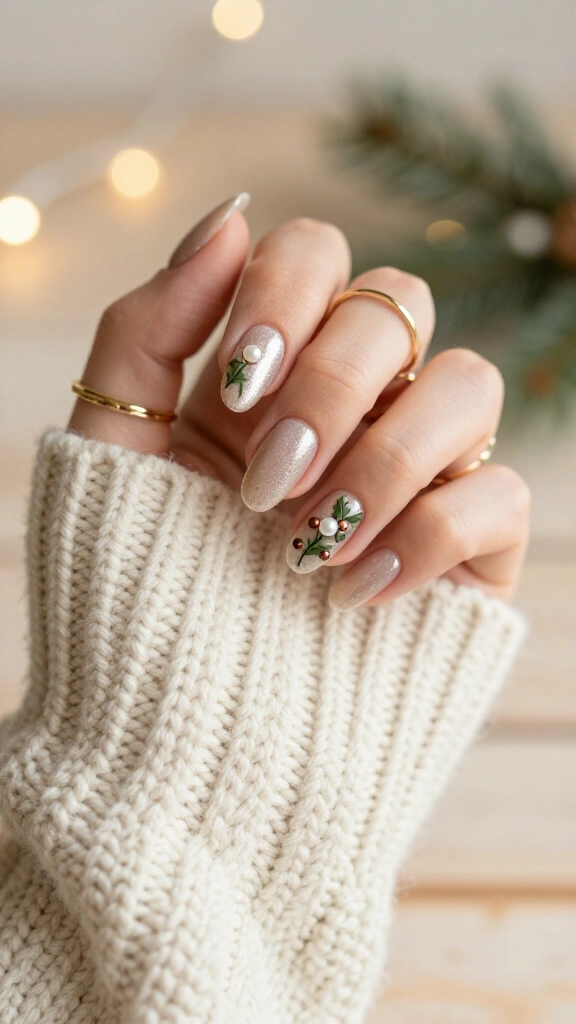 Soft champagne shimmer with mistletoe-style holly