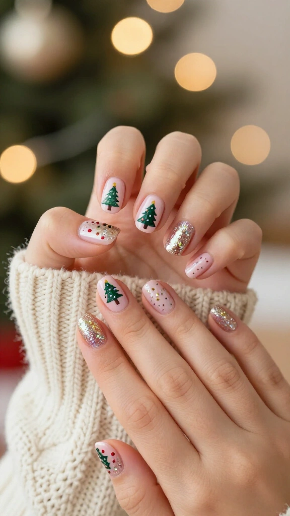 Christmas tree glitter nails