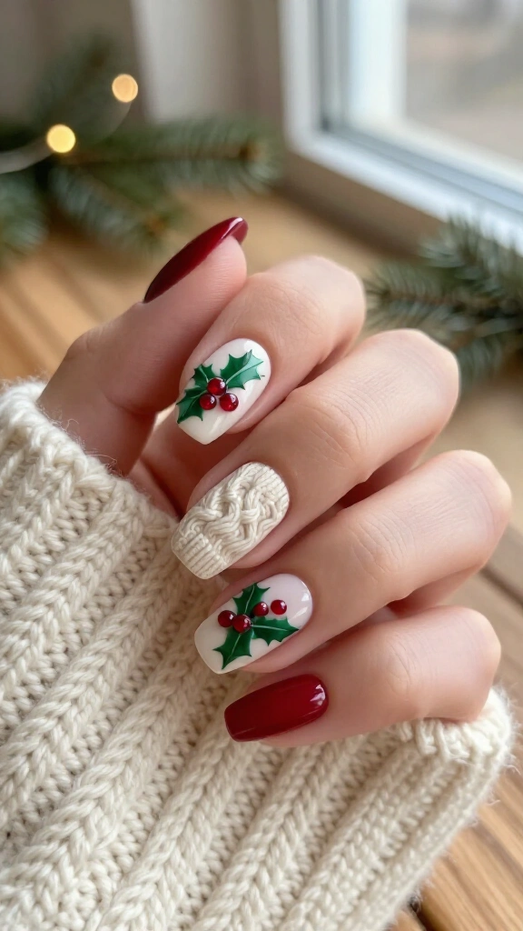 Sweater weather knit texture with holly embellishments