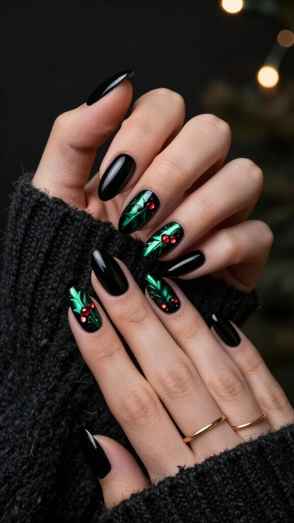 Black licorice base with metallic holly leaves