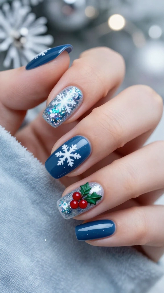 Holographic snowflake sky with holly berry accents