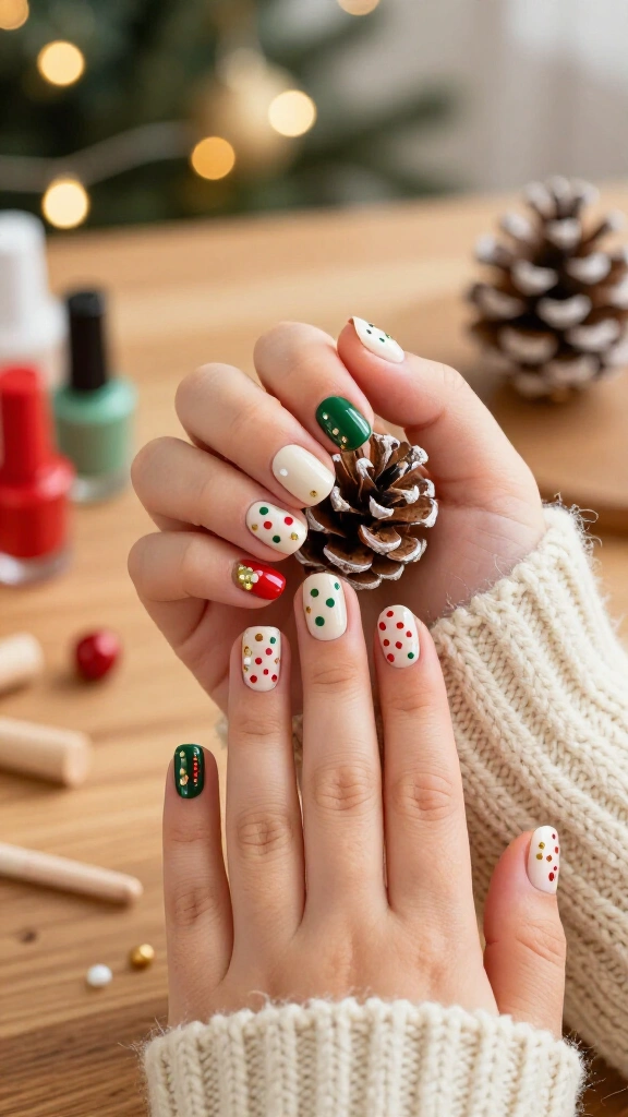 Red and green polka dot nails