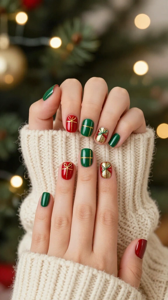 Present-wrapped gift box nails