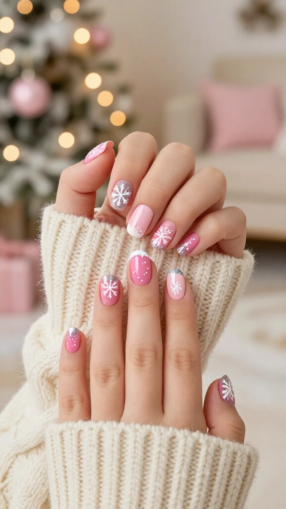 Pink Christmas snowflake nails
