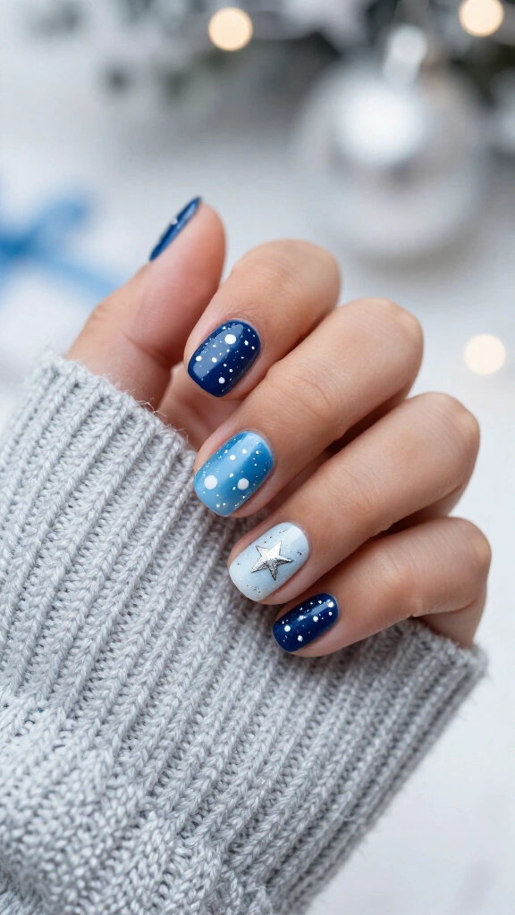 Blue snowy night nails