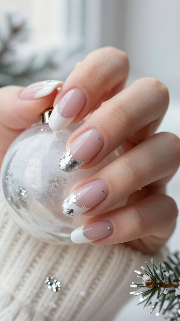 Frosted French tips with silver foil flakes