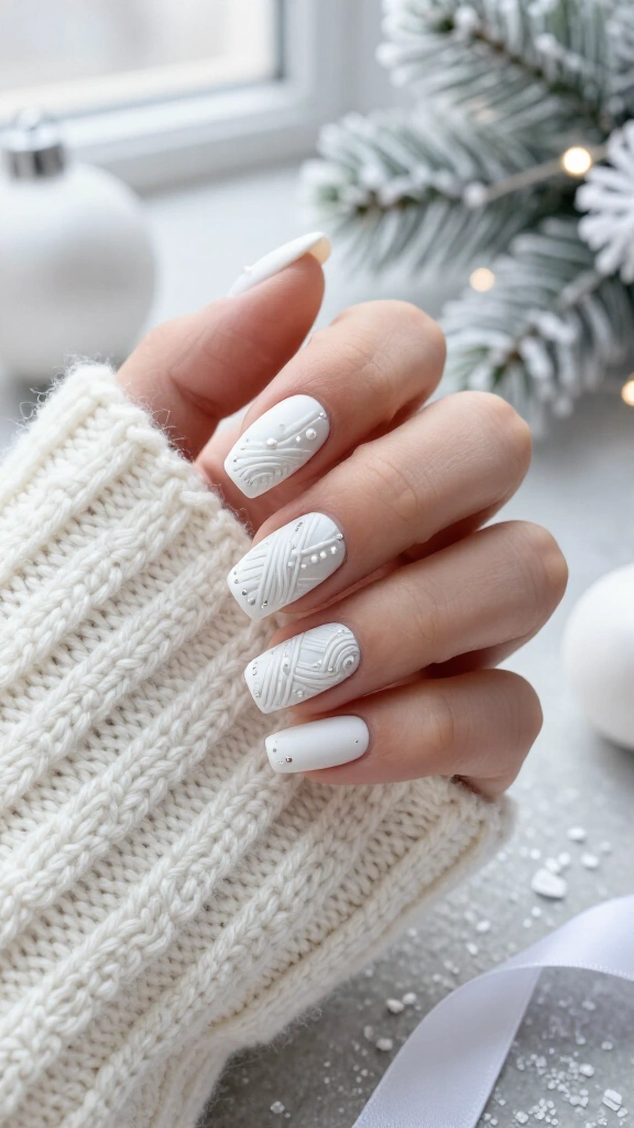 Embossed white cable-knit sweater nails