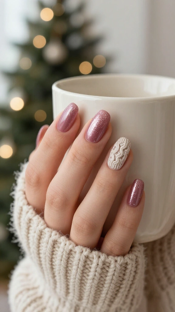3D Sweater Knit with Glittery Mauve Pink