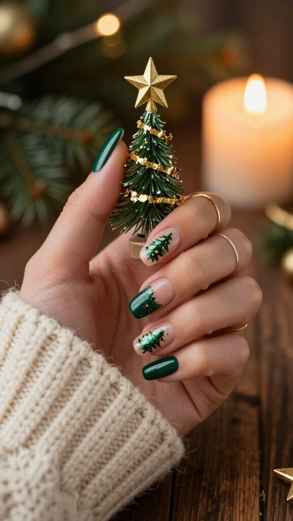 Glittery Gold Star Tree Manicure