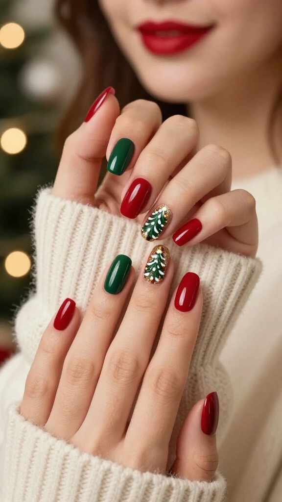 Red and Green Christmas Tree Nails