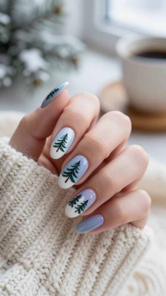 Snowy Pine Tree Nail Art