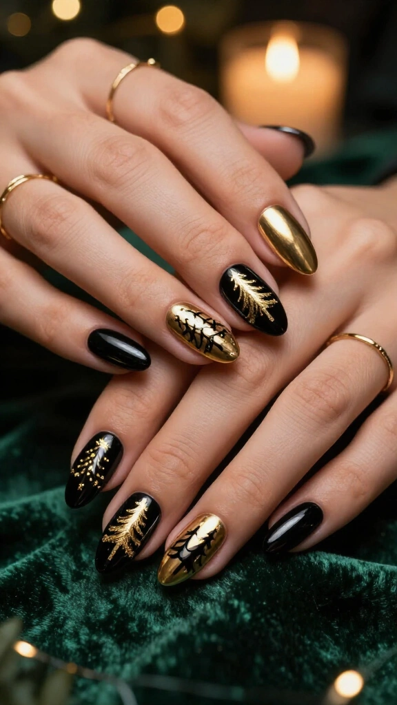 Black and Gold Christmas Tree Nails