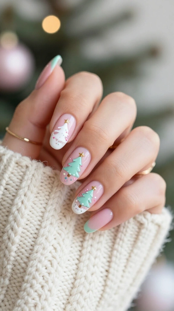 Pink Christmas Tree Nails with Candy Details