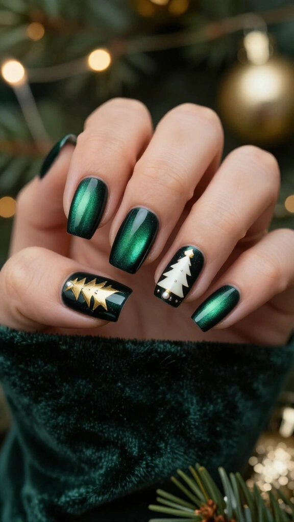 Dark Green Velvet Christmas Tree Nails