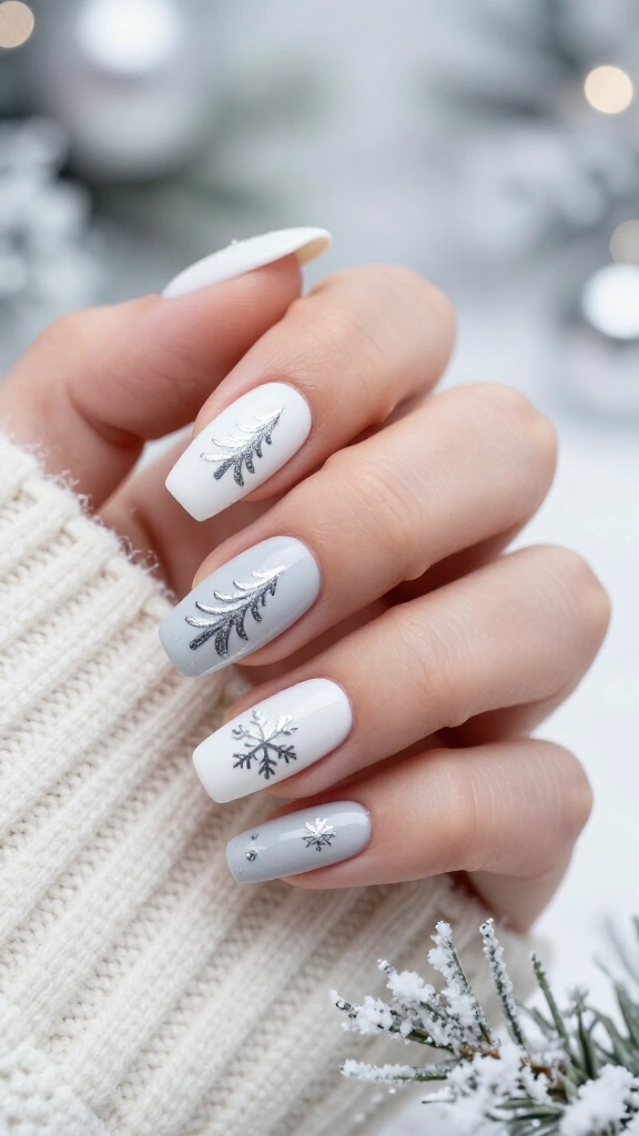 White Christmas Tree Nails with Silver Snowflakes