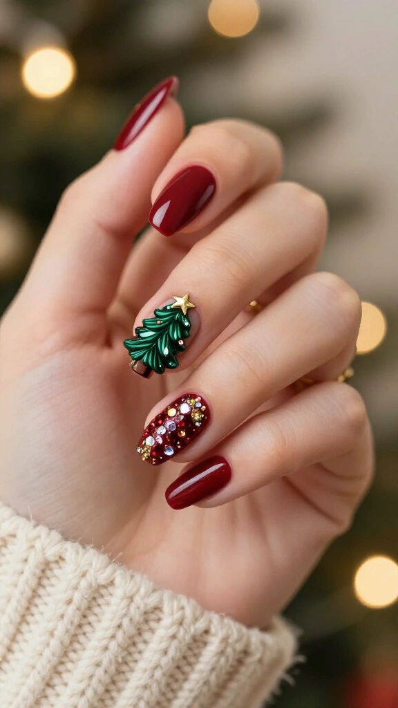 3D Christmas Tree Nails with Tiny Gems