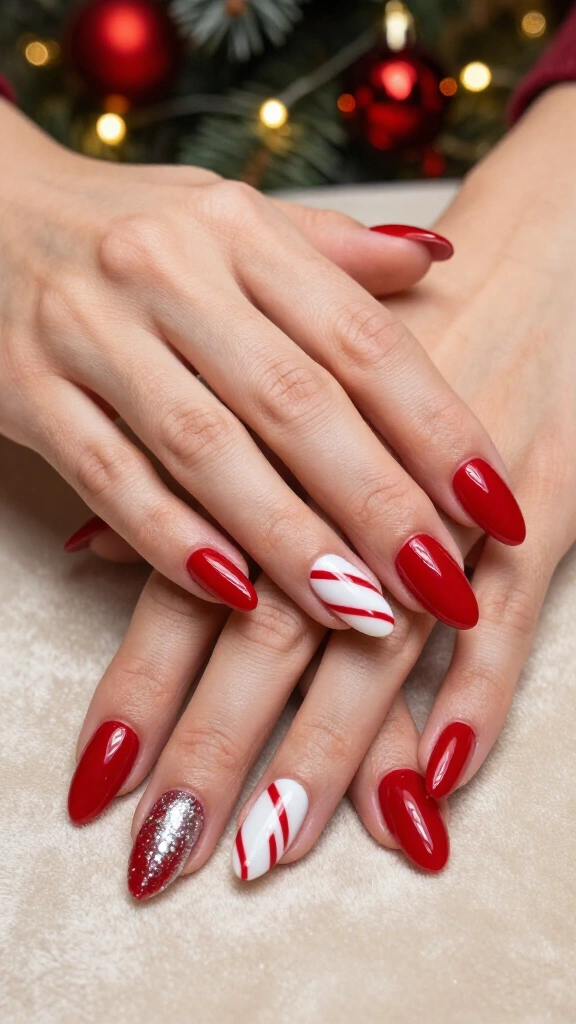 Classic candy cane red and white almond nails