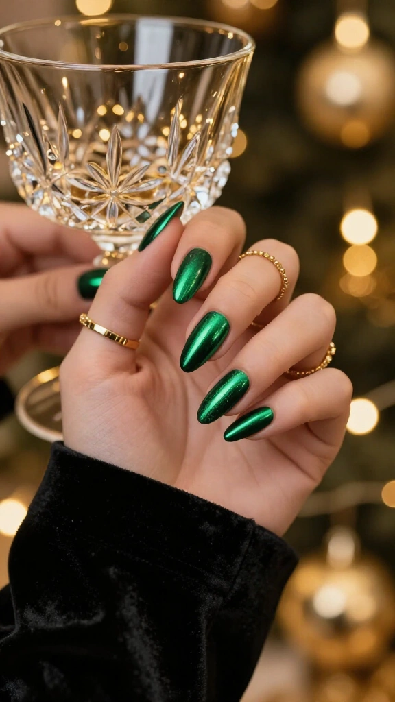 Emerald green chrome almond nails